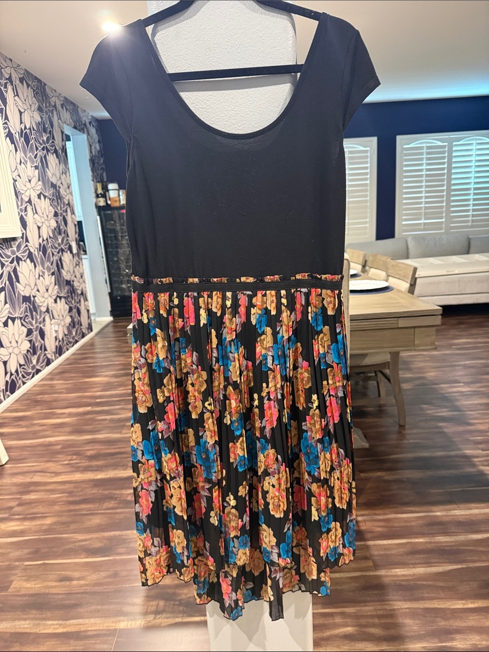 Xhilaration Black Top with Floral Pleated Skirt Dress